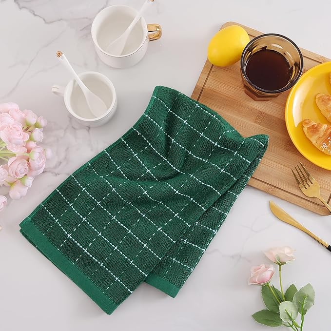 Mordimy 100% Cotton Terry Cloth Kitchen Towels, Super Soft and Absorbent Dish Towels for Drying, Checkered Designed Hand Towels for Kitchen, 16 x 26 Inches, 6 Pack, Dark Green