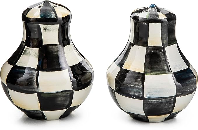 MACKENZIE-CHILDS Enamel Salt and Pepper Shakers, Kitchen Table Spice Shaker Set, Black-and-White Courtly Check, Small
