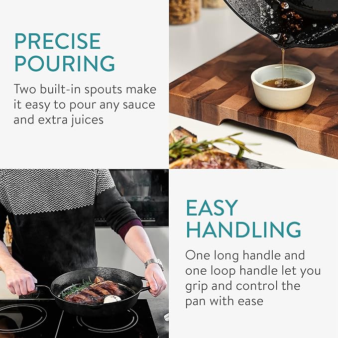Navaris Enameled Cast Iron Skillet - 12"(30cm) Pre-Seasoned Frying Pan with Helper Handle, Pour Spouts, for Oven, Stovetop, Grill & Campfire, Non-Toxic, Even-Heating, Green