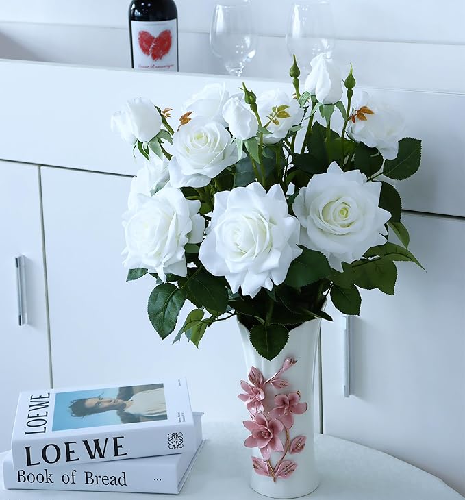 White Fake Flowers for Wedding Decor,Realistic Artificial Flowers Indoor 5 Bouquets（15 Heads） for Room Decor,Real Touch Fake Roses for Bathroom Kitchen Cake Bride Centerpieces Backdrop Decor（No Vase）