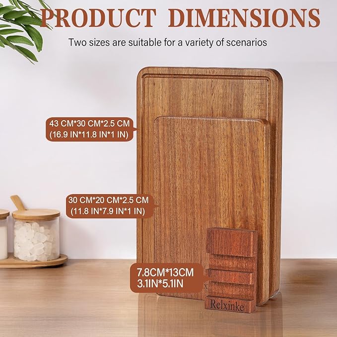 Relxinke Solid Teak Wood Cutting Board Set One Piece Non Glued Large Thick Crack Resistant Wooden Chopping Board with DeepJuice Grooves Built in Handles for Kitchen Meat Bread 16.9x11.8IN &11.8*7.9IN