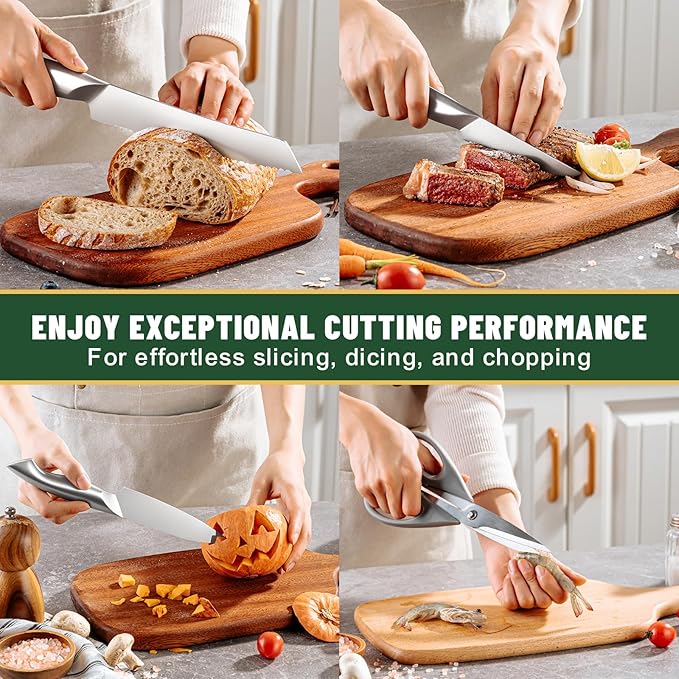 Knife Set, EWFEN 14-Piece Kitchen Knife Set with Block, German Stainless Steel Knives with Built-in Knife Sharpener, Anti-Slip Curved Handle Sharp Knives Set for Kitchen, Dishwasher Safe