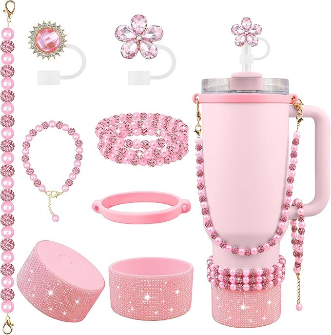9PCS Pink of Stanley Cup Accessories Set 30/40 OZ Bling Pearls Rhinestones Charms for Stanley Decorations Tumbler Accessories Including Flower Straw Topper, Rhinestones Boot 30/40 OZ