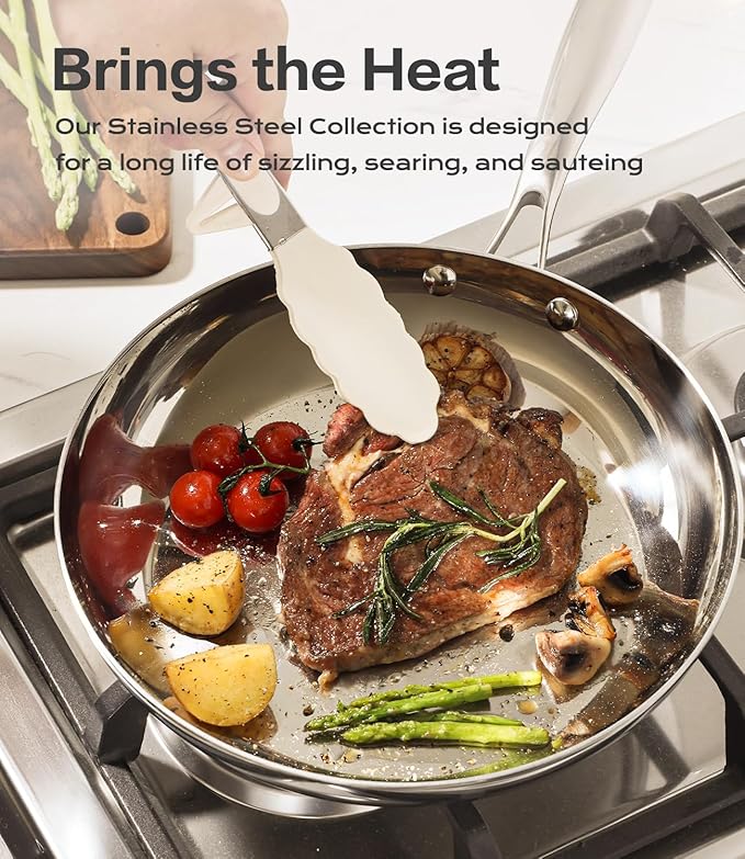 USELUCK 10 Inch Stainless Steel Frying Pan - 3 Ply Stainless Clad Skillet with Lid, Durable and Even Heating, Professional Cookware for Induction, All Stoves Compatiable Oven & Dishwasher Safe