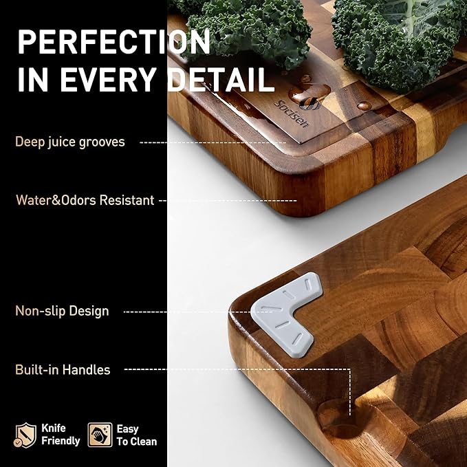 Extra Large End Grain Cutting Board for Kitchen with Non-slip Feet, Acacia Wood Heavy Duty Checkered Cutting Board with Juice Groove & Handle Handcrafted Luxury Chopping Board for Meat, Vegetables