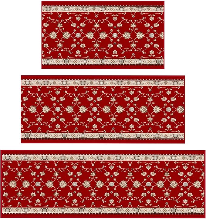 Ottomanson 3-Piece Kitchen Rug Set - Non Slip Runner & Washable Mat - 1'11" x 3' + 1'11" x 4' + 1'11"' x 5' - Durable, Stain Resistant for Entryway, Bedroom and Bathroom, Mahal Red