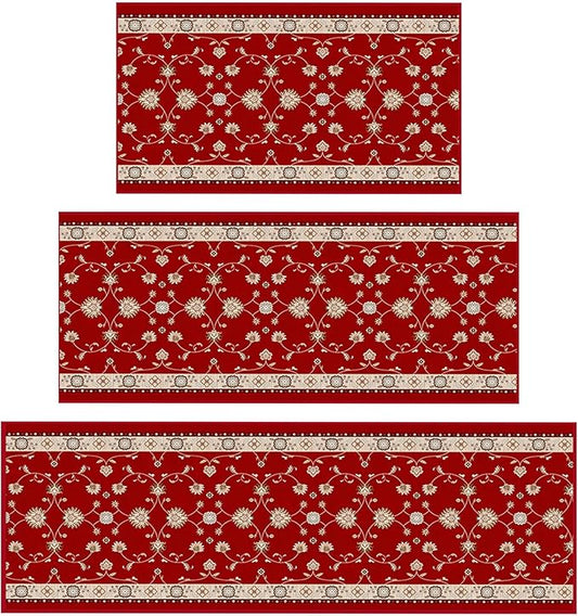 Ottomanson 3-Piece Kitchen Rug Set - Non Slip Runner & Washable Mat - 1'11" x 3' + 1'11" x 4' + 1'11"' x 5' - Durable, Stain Resistant for Entryway, Bedroom and Bathroom, Mahal Red