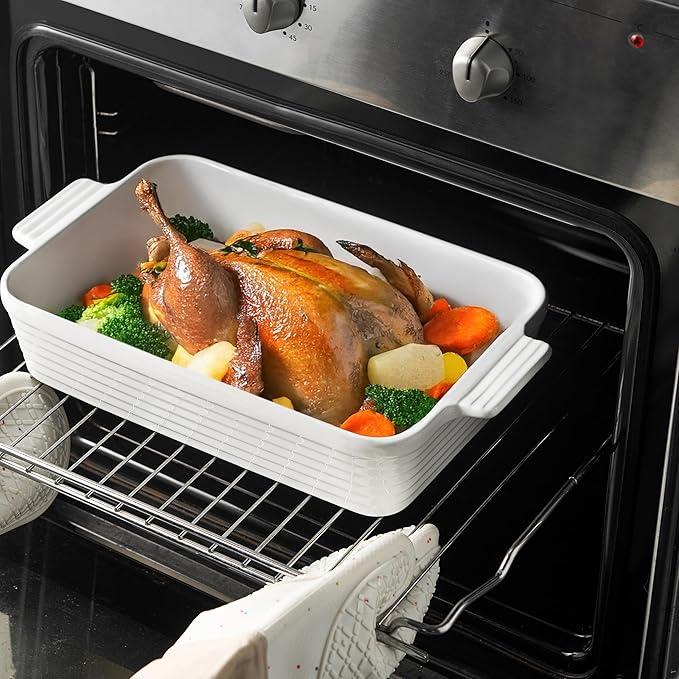 Jassceram Casserole Dishes for Oven, 3-Piece Ceramic Baking Dish Set, Rectangular Lasagna Pan Deep with Handles, Nesting Bakeware for Baking & Roasting, Oven Safe (9.6 to 13.1 Inch), White