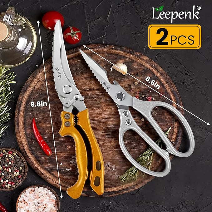 LEEPENK Kitchen Scissors All Purpose 2 Packs,Stainless Steel Kitchen Shear Dishwasher Safe,Heavy Duty Poultry Shears with Non-Slip Handle & Safety Lock,Cooking Scissor for Food