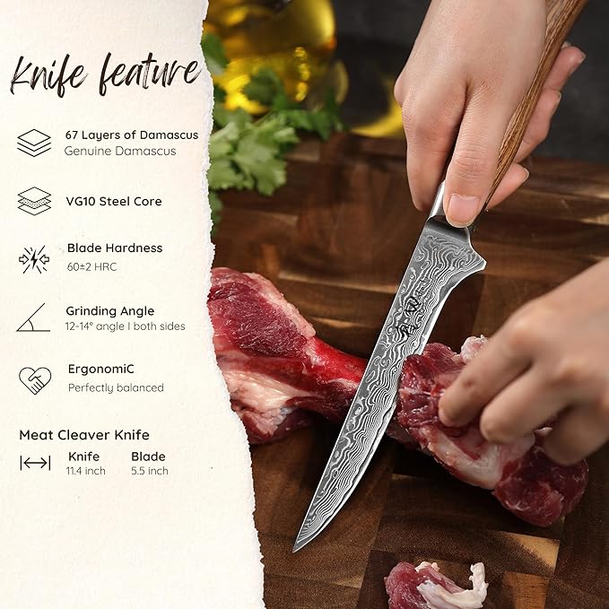 Wakoli EDIB Pro Damascus Meat Cleaver Knife – Japanese Style Kitchen Knife | 5.5-Inch Genuine Damascus Steel Blade with VG10 Core | Ergonomic Pakkawood Handle | Professional Cooking Tool in Gift Box