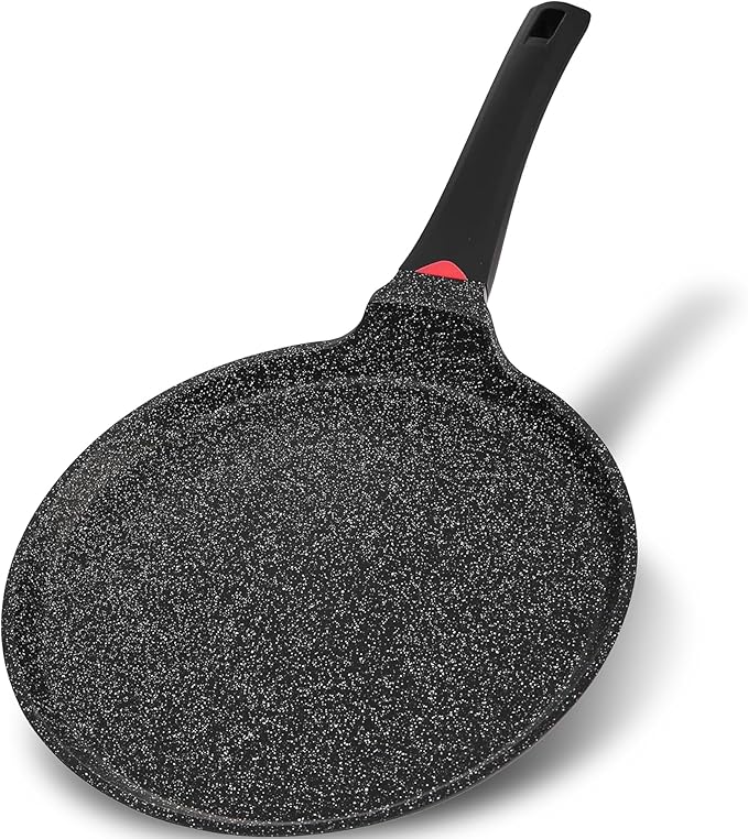 CAINFY Non Stick 11 Inch Granite Coated Crepe Pan - Lightweight 4.27 Quart Dosa Pan with Comfort Stay Cool Grip Handle - Induction Compatible PFOA Free Tortilla Cookware (Black)