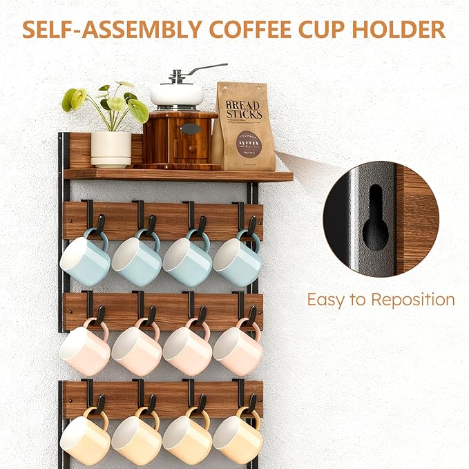 2-in-1 Coffee Mug Holder Wall Mount, 4-Tier Coffee Mug Rack Wall Mounted with 16 Adjustable Hooks and Storage Shelf, Wooden Cup Hanger Organizer for Home Kitchen Display and Collection