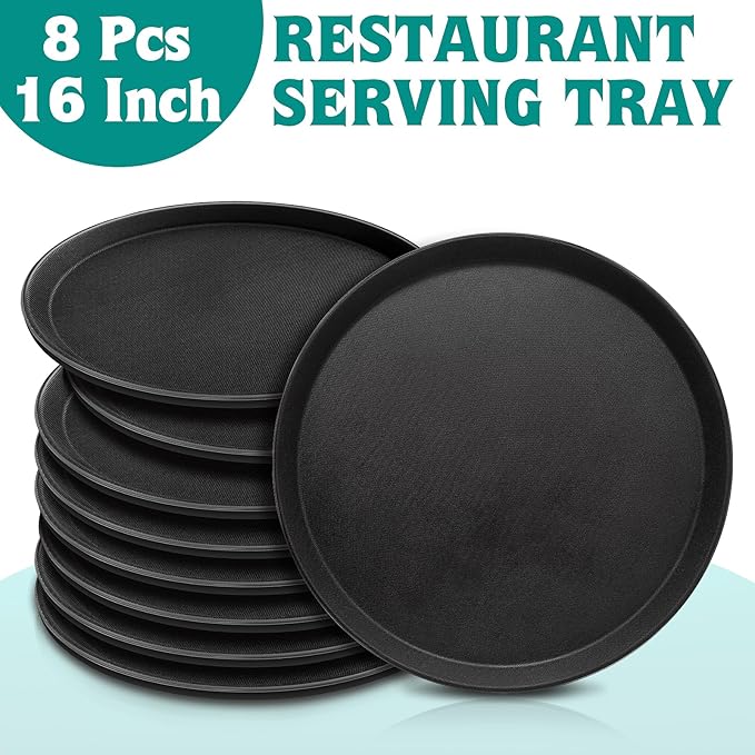8 Pcs 16 Inch Round Serving Trays Restaurant Serving Trays Plastic Food Drink Serving Tray Non Slip Rubber Lined Black Serving Tray for Party Bar Restaurant Cocktail Cafeteria