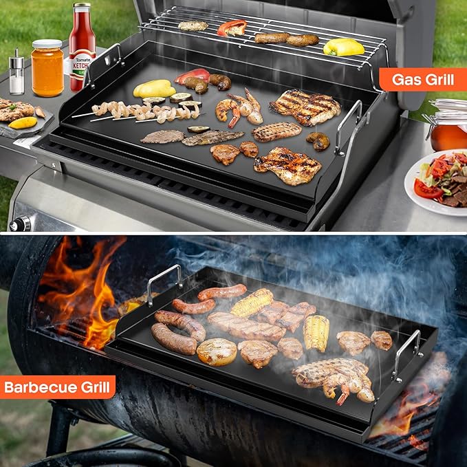 Updated 25" x 16" Cast Iron Griddle for Gas Grill, Nonstick Nanoceramic Stove Top Griddle for Gas Stove, Pre-Seasoned Flat Top Plate Insert for Outdoor Gas Grill, Camping, Tailgating, Parties