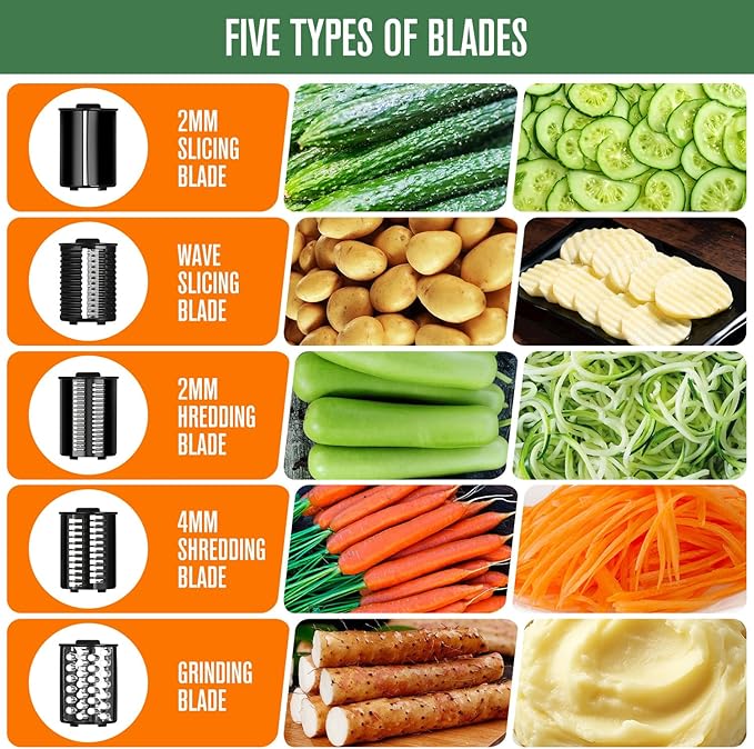 Inequalit Electric Vegetables Slicer Cheese Shredder, 5-in-1 250W Professional Automatic Salad Fruits Maker Shooter Chopper Machine Kitchen Cutter Grater Food Processor with 5 Different Blades