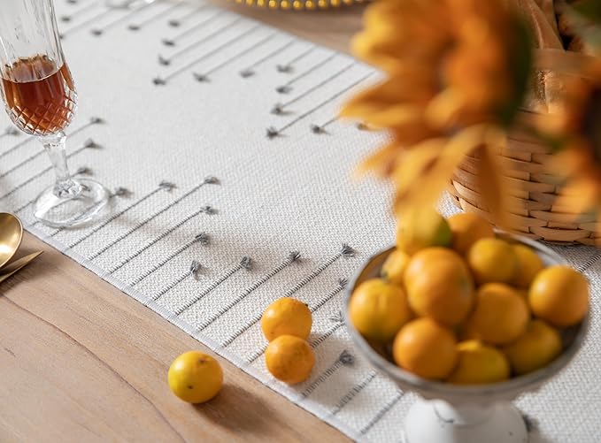 Boho Table Runner 13 x 48 Inch Long Natural Cotton Woven Runner with Tassels for Home Dining Table décor, for Modern Farmhouse Decor Coffee Table Runner, Grey and Beige