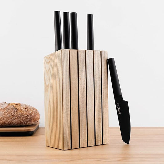BergHOFF Ron 5Pc Non-stick Kitchen Knife And Wood Block Ergonomically Designed Handle Double-coated Titanium Sharp & Well Balanced Seamless Transition
