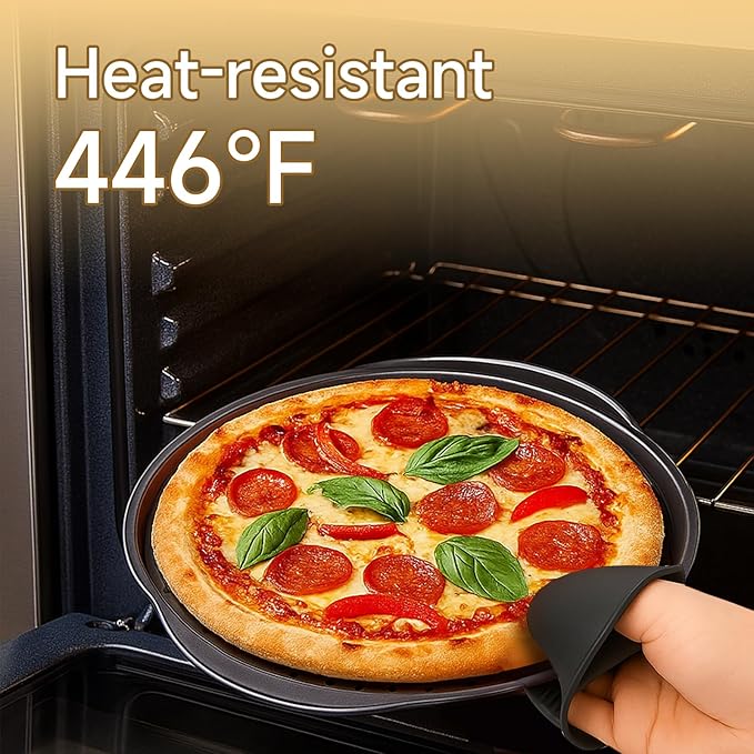 Arimagroup 2 Pack 13 Inch Pizza Pan for Oven,Round Carbon Steel Pizza Pan with Holes, Pizza Tray with 2 Silicone Gloves，for Baking, Grilling