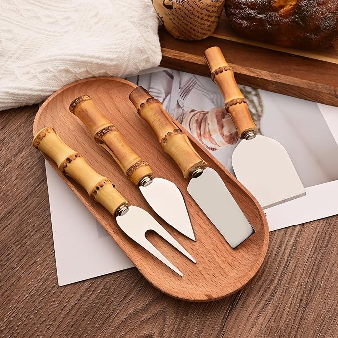 Bamboo Cheese Knife Set, 8-Piece Steel Stainless Cheese knife Set with Bamboo Handle, Mini Cheese Cutter, Cheese Fork, Cheese Slicer, Spreader, For Party, Travel and Kitchen
