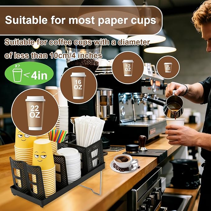 Coffee Cup Holder Organizer, Paper Cup and Lid Dispenser with Straw Storage Basket for Countertop Coffee Station Bar Cafe Restaurant Breakroom Kitchen Office Home Party (Black)