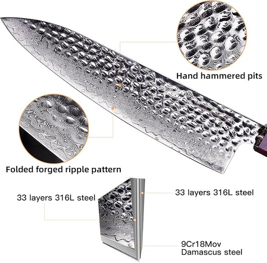 FINDKING Eternity Series Japanese Chef Knife with ABS sheath, Professional Kitchen Knife, 9Cr18MoV Damascus Steel Blade, Resin Octagonal Handle, Sharp, for Meat Cutting, 8 Inches