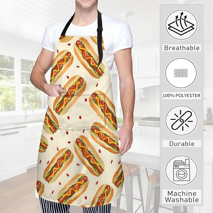 Hot Dog Print Apron Funny Retro Food Aprons Waterproof Oxford Polyester Adjustable Pockets Design for Cooking, Crafting, Barbecue Kitchen Decor, for Adults, 28x33 Inch