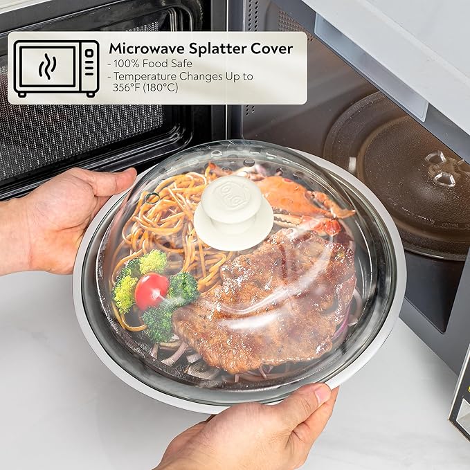 OEC Lighter Weight Tempered Glass Microwave Splatter Cover - 12.7 inch - Heat-Resistant & Impact-Resistant, Reinforced Glass Lid with Vent, Silicone Knob, Dishwasher Safe, 100% Food Grade - BPA Free