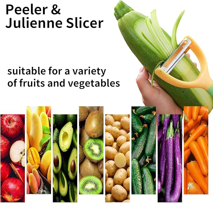 2-in-1 Vegetable Peeler & Julienne Slicer - Stainless Steel Potato Peelers & Fruit Peeler with Comfortable Grip Handle, Quick & Easy Kitchen Shredder Tool for Apple, Cucumber, Carrot & Veggies