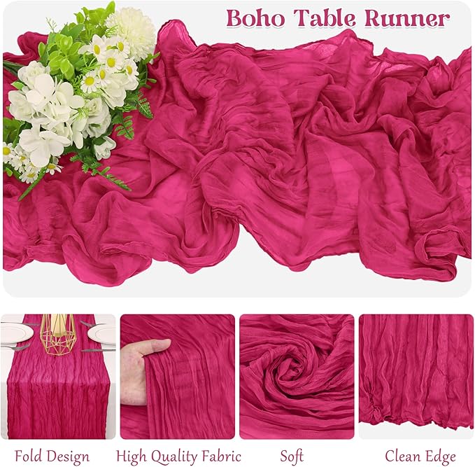 10 Pack Cheesecloth Table Runner 10FT Boho Gauze Rustic Fabric Table Runner Vintage Sheer Tablecloth for Wedding Party Bridal Baby Shower Decorations (Fushia)