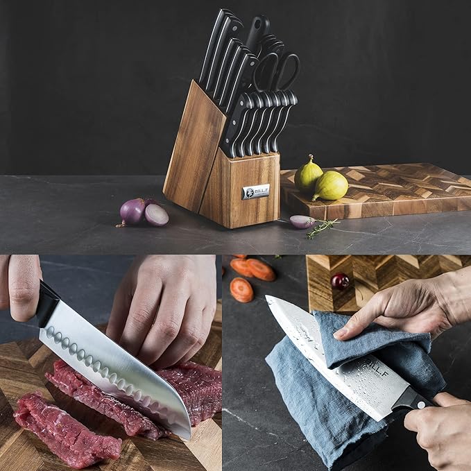 Wood Kitchen Set Knife Set for Kitchen with Block Stainless Steel Knives 16 Pcs and Cutting Board with Groove,Black Handles and Sharp Stainless Steel Professional Chef Knife Set