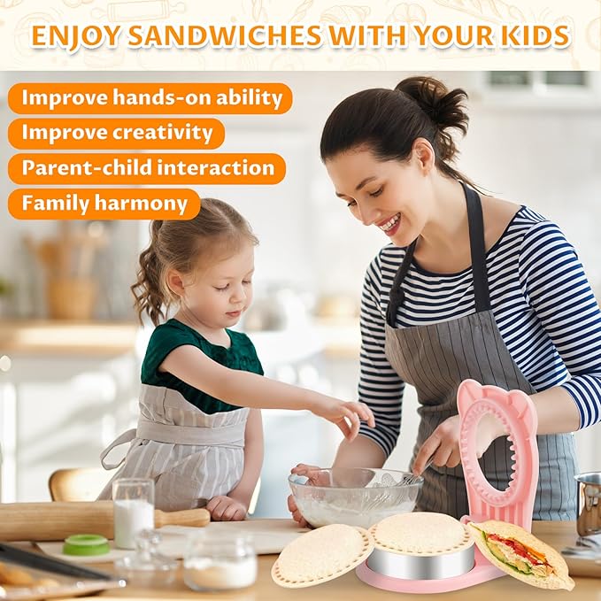Uncrustable Sandwich Maker,Sandwiches Pocket Circle Shape 3.7Inch Sandwich Cutter and Sealer,Sandwich Cutter for Kids Breakfast and lunchboxes (Pink)