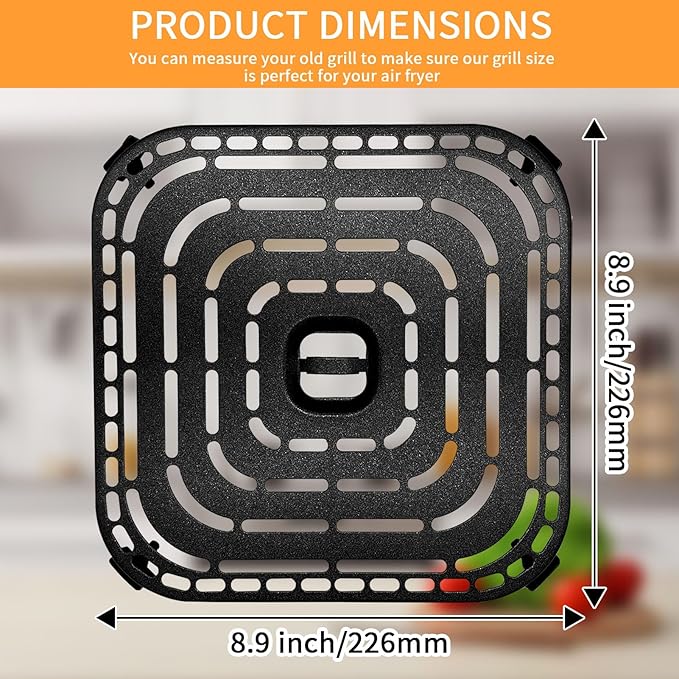 Air Fryer Grill Pan for COSORI Air Fryer TurboBlaze 6 Qt, Non-Stick 8.9’’*8.9’’Square Air Fryer Rack Replacement Parts Accessories Grill Plate Crisper Plate Tray with Rubber Bumpers, Dishwasher Safe