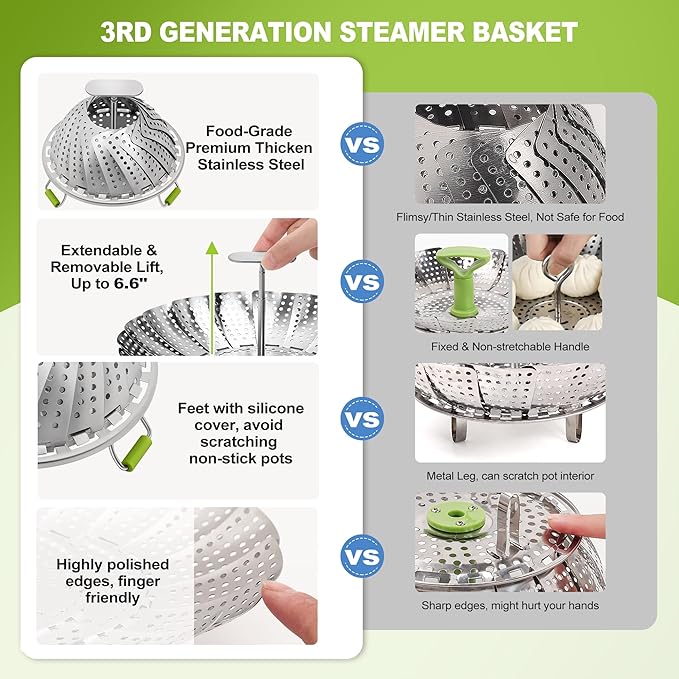 Steamer Basket, 3rd Generation Stainless Steel Vegetable Steamer with Extendable Handle for Cooking Food, Folding & Expandable Veggie Steam Insert, Fit Various Size Instant Pot (5.5" to 9")