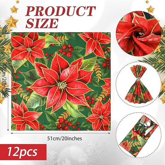 12 Pcs Christmas Poinsettia Cloth Napkin 20 x 20 Inch Poinsettia Cloth Napkins Washable Dinner Guest Napkins for Christmas Holiday Xmas Thanksgiving Dinner Party Supplies, Set of 12