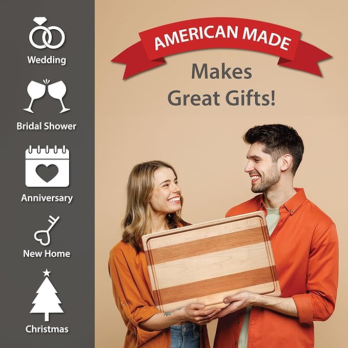 Maple and Cherry Wood Cutting Board - American Made in USA - Unique Kitchen Gifts - Large 14 x 20 inch
