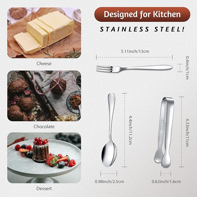 Cunhill 24 Pcs Charcuterie Accessories Mini Cocktail Tongs Small Serving Spoons and Appetizer Forks Stainless Steel Tongs Charcuterie Utensils for Valentine Party Supplies(Vivid Sharp Spoon,Silver)