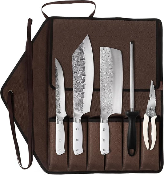 KOFERY Hand Forged Damascus Chef Knife Set with Roll Bag and Sharpener - Ideal for Culinary, Camping and BBQ(Off-White Handle)