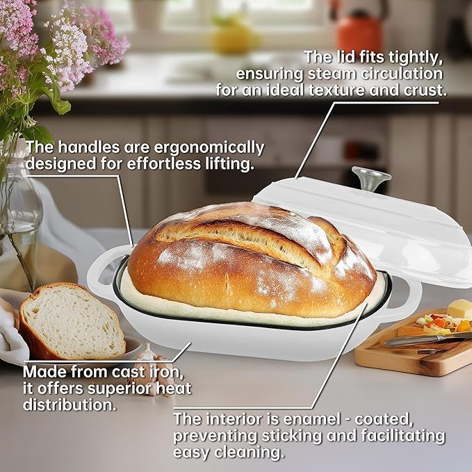Fijxzct Premium Enameled Cast Iron Dutch Oven for Bread Baking | Non-Stick 5QT Oval Bread Oven with Lid | Perfect for Sourdough, Loaf, and Artisan Baking (Beige, 5 QT)
