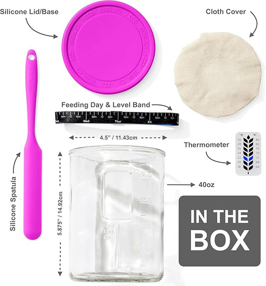 Premium Sourdough Starter Jar - 40oz Large Sourdough Jar with Marked Feeding Band, Thermometer, Scraper, Cloth Cover and Silicone Lid/Base, Wide Mouth Starter Kit - Pink