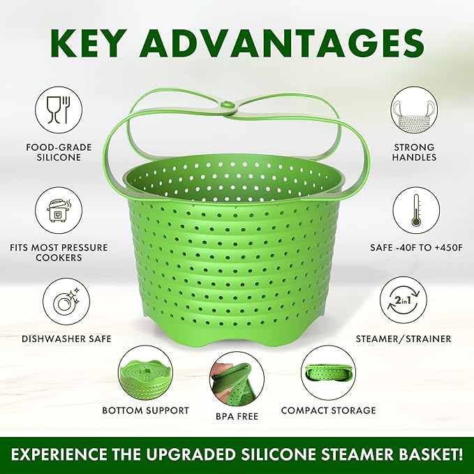 Avokado Silicone Steamer Basket for 8qt Instant Pot [3qt, 6qt avail], Ninja Foodi, Other Pressure Cookers - 100% Food Safe, BPA-Free, Dishwasher Safe Collapsible Vegetable Steamer Basket & Strainer