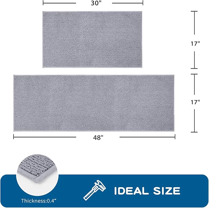 PURRUGS Machine Washable Kitchen Rug [2 PCS] (17" x 30"+ 17" x 48"), Non-Slip/Skid Kitchen Runner Rugs & Floor Mats, Super Absorbent Soft Area Rugs for Sink, Kitchen & Laundry, Grey