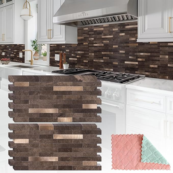 20 Sheets Peel and Stick Backsplash for Kitchen, Dark Brown with Metal Gold Look Stick on Tile Upgrade Your Kitchen Backsplash, RV, Fireplace