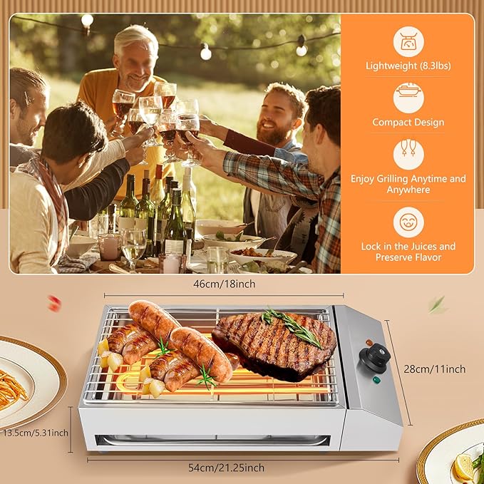 Smokeless Electric Indoor Grill, 1800W Countertop Electric BBQ Grill with Adjustable Temperature 122°F-302°F, Commercial Stainless Steel Barbecue Griddle for Restaurant, Camping, or Party Use