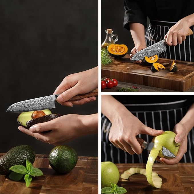 Wakoli EDIB Pro 3-Piece Damascus Kitchen Knife Set in Gift Box – Sharp Knives Set made of Genuine Damascus Steel (VG10 Core) – Santoku, Small Santoku & Paring Knife – Ergonomic Pakkawood Handles