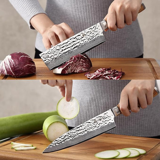 Wakoli Damascus Knife Block Set – 4-Piece Professional Kitchen Knives with Magnetic Block – Kitchen Knife Set made of 67-Layer Damascus Steel Blades & Ergonomic Zebrawood Handles
