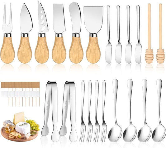 42 pcs Charcuterie Boards Accessories, Cheese Knife Set with Wooden Handle, Cheese Spreaders, Forks, Spoons, Tongs, Honey Dippers and Toothpick Flags
