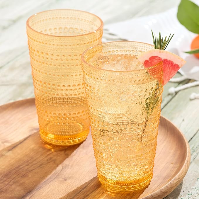 Santa Fe Orange Set of 6 Premium Acrylic Ice Tea Glass 22 oz – Unbreakable Drinkware with Textured Bubble Design, Shatterproof Tumblers for Indoor & Outdoor Use