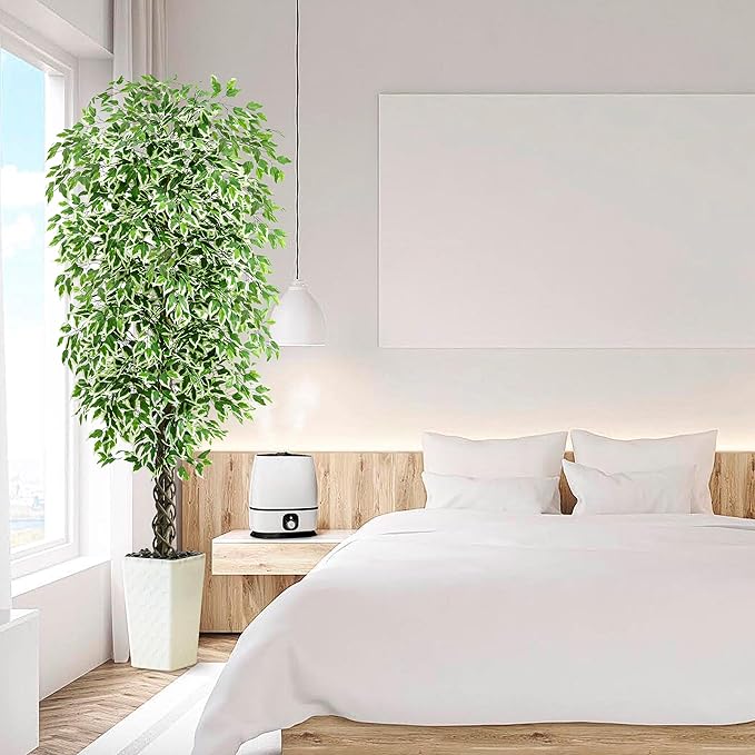 Artificial Ficus Tree Indoor 7FT Fake Plants Large Artificial Plant with Crack White Tall Planter, Green Lifelike Lush Fake Ficus Tree for Home Living Room Bedroom Outdoor Balcony House Office Decor