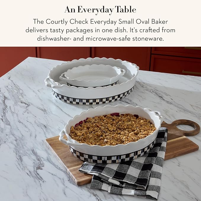 MACKENZIE-CHILDS Everyday Oval Casserole Baker, Cute Oven Baker, Small, Black-and-White Courtly Check