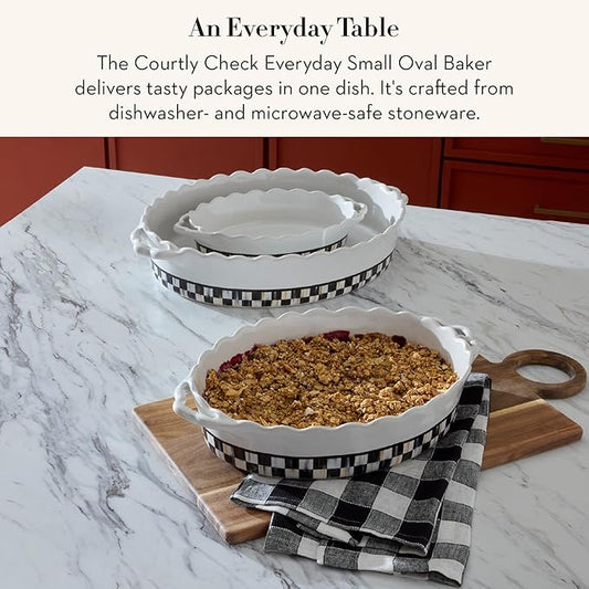 MACKENZIE-CHILDS Everyday Oval Casserole Baker, Cute Oven Baker, Small, Black-and-White Courtly Check